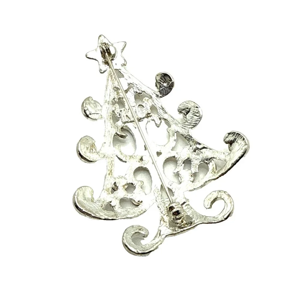 Vintage Kenneth Cole Rhinestone Christmas Tree Brooch Silver Tone KC Holiday Pin